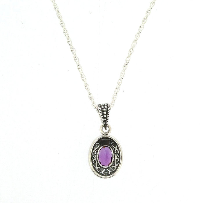 Amethyst Purple Pendant Necklace Silver Marcasite on chain - The Hirst Collection