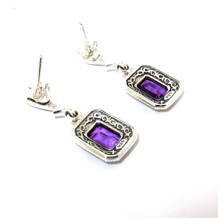 Art Deco Amethyst Earrings Silver Marcasite Square Purple Crystal - The Hirst Collection