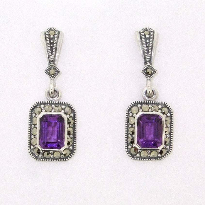 Art Deco Amethyst Earrings Silver Marcasite Square Purple Crystal - The Hirst Collection