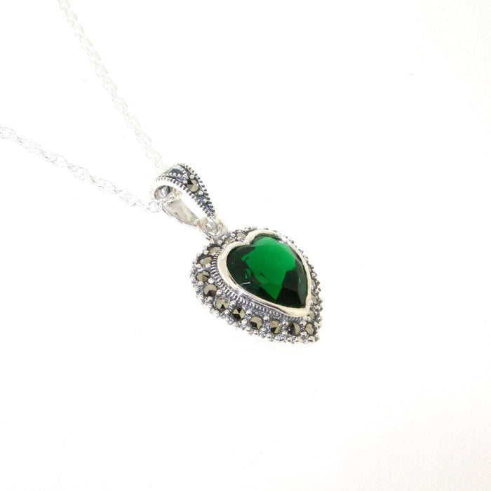 Emerald Green Heart Pendant Necklace Silver Marcasite on chain - The Hirst Collection