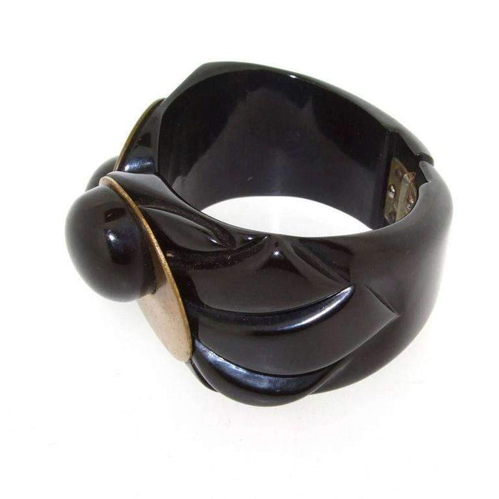 Art Deco Bakelite Bracelet Dress Clip Set Black and Gold - The Hirst Collection