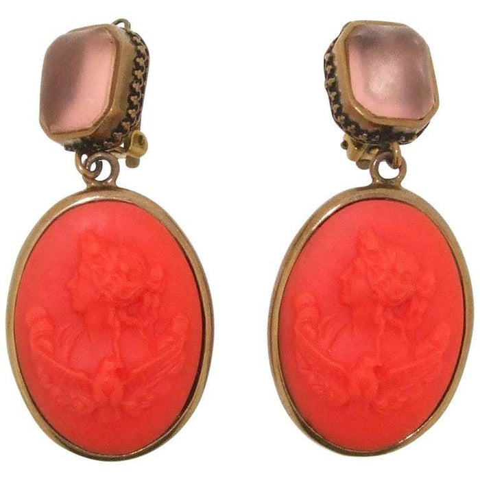 Extasia Cameo Earrings Coral German Glass Bronze Pink Swarovski Crystal Clip On - The Hirst Collection