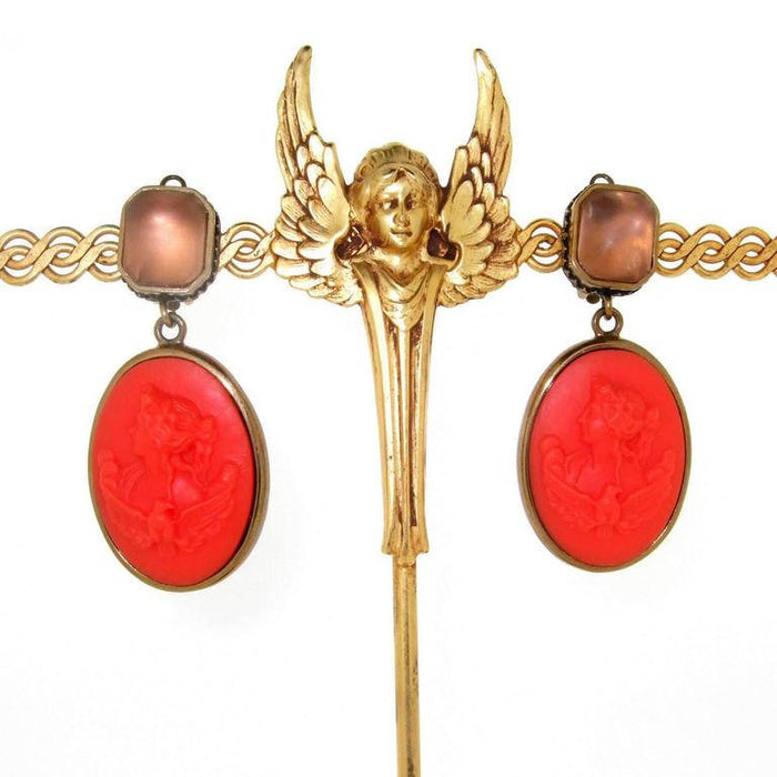 Extasia Cameo Earrings Coral German Glass Bronze Pink Swarovski Crystal Clip On - The Hirst Collection