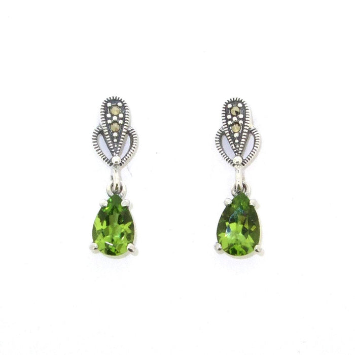 Peridot earrings Teardrop Silver Marcasite - The Hirst Collection