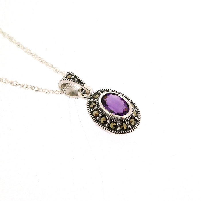 Amethyst Purple Pendant Necklace Silver Marcasite on chain - The Hirst Collection
