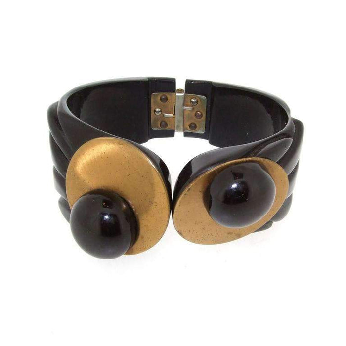 Art Deco Bakelite Bracelet Dress Clip Set Black and Gold - The Hirst Collection