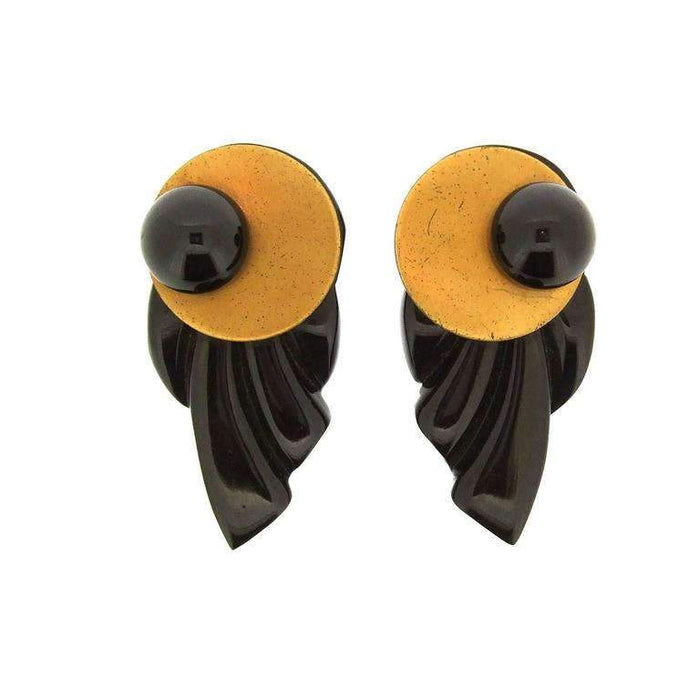 Art Deco Bakelite Bracelet Dress Clip Set Black and Gold - The Hirst Collection