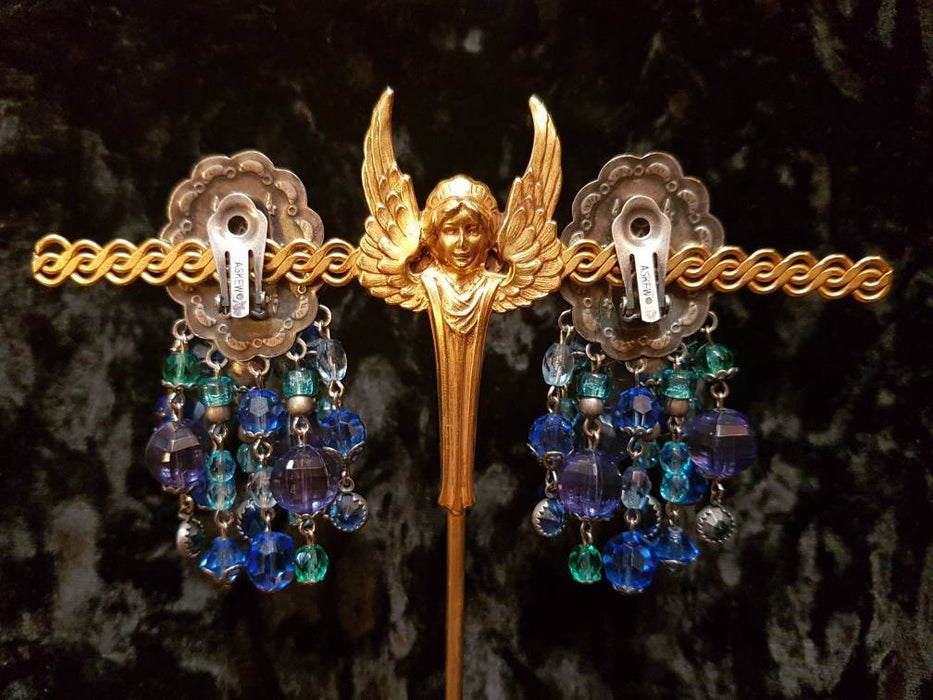 Askew London Chandelier Clip on Earrings Blue Beaded Silver Large - The Hirst Collection
