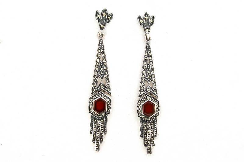 Art Deco Earrings Carnelian Red Agate Silver Marcasite - The Hirst Collection
