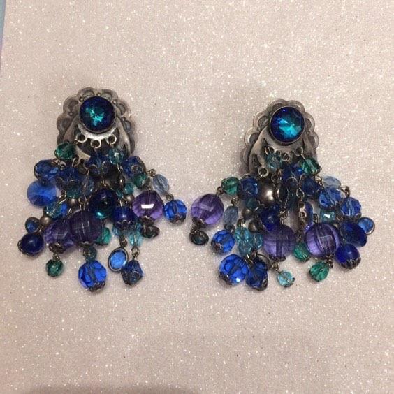 Askew London Chandelier Clip on Earrings Blue Beaded Silver Large - The Hirst Collection