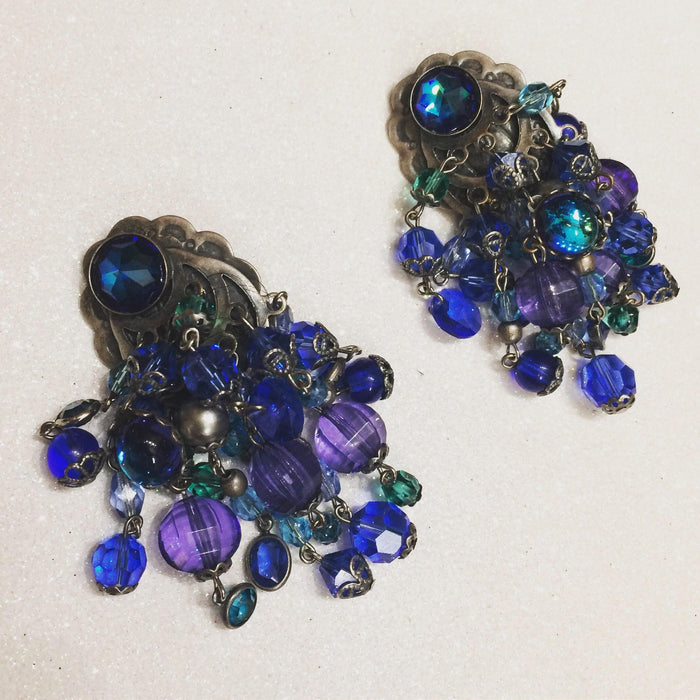 Askew London Chandelier Clip on Earrings Blue Beaded Silver Large - The Hirst Collection