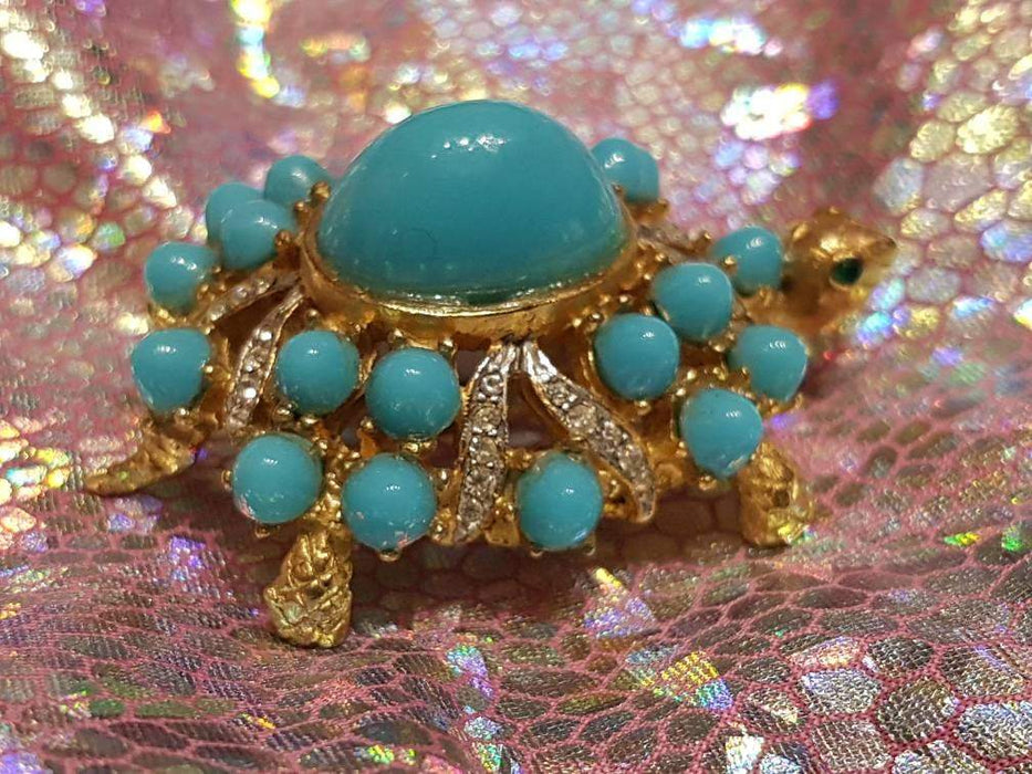 Vintage Kenneth Jay Lane Turtle Brooch Turquoise Gold Crystal - The Hirst Collection