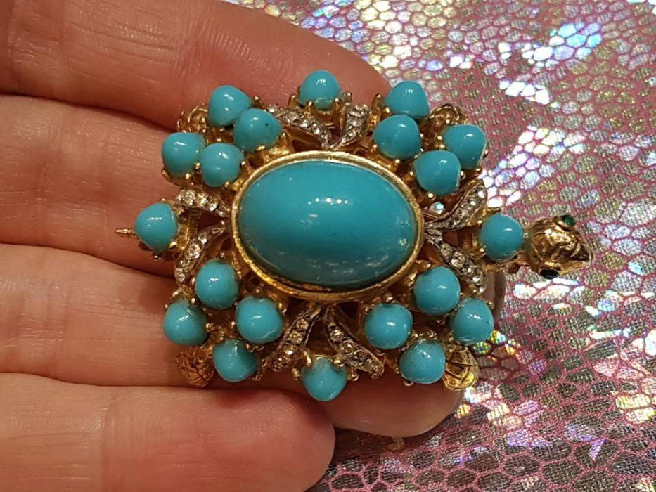 Vintage Kenneth Jay Lane Turtle Brooch Turquoise Gold Crystal - The Hirst Collection