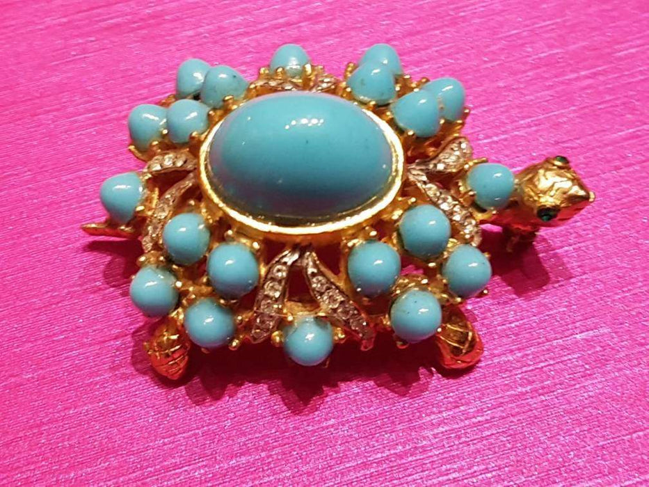 Vintage Kenneth Jay Lane Turtle Brooch Turquoise Gold Crystal - The Hirst Collection