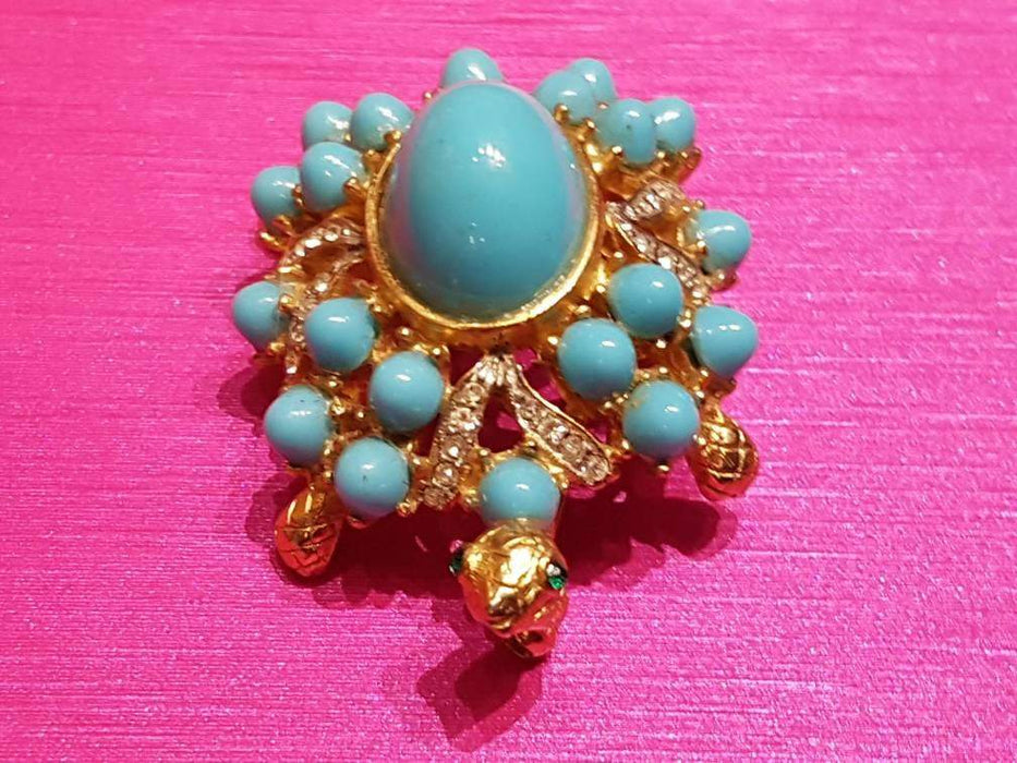 Vintage Kenneth Jay Lane Turtle Brooch Turquoise Gold Crystal - The Hirst Collection