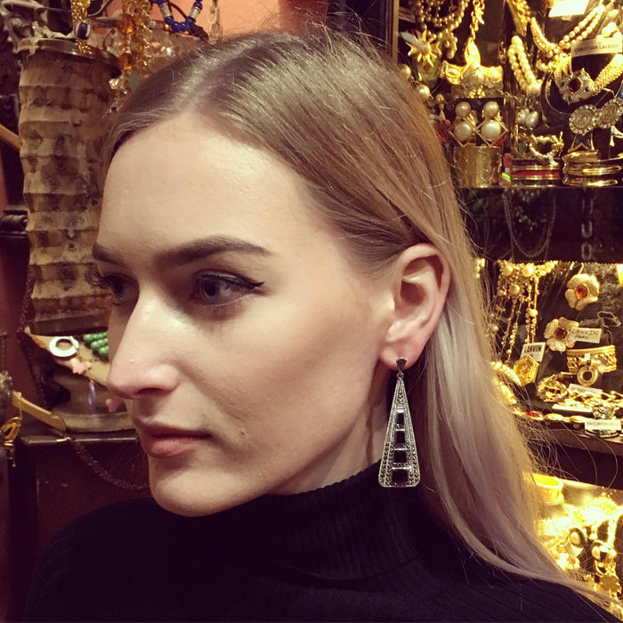 Art Deco Style Black Onyx Triangle Earrings - The Hirst Collection