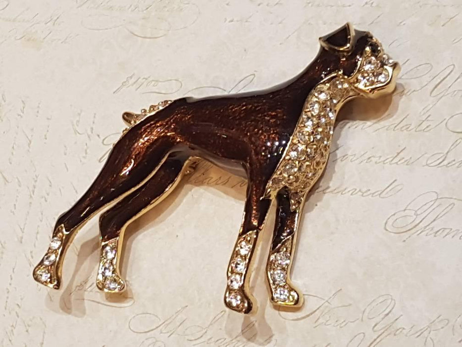 Large Boxer Dog Brooch Brown Enamel Crystal By Sardi - The Hirst Collection