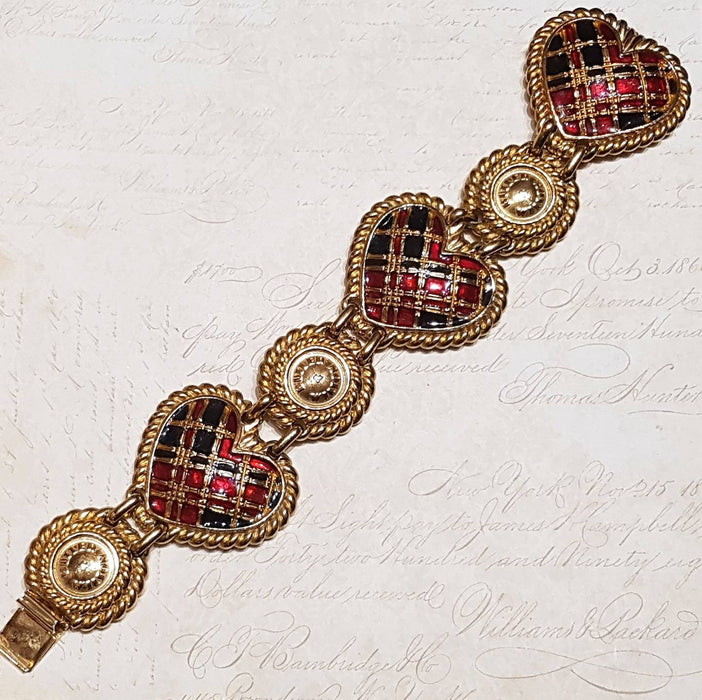 Butler and Wilson Heart Bracelet Gold Enamel Tartan Punk Vintage Signed - The Hirst Collection