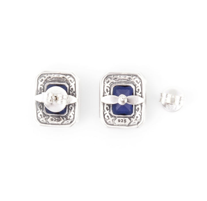 Silver Marcasite Sapphire Earrings Square Blue Crystal Studs - The Hirst Collection