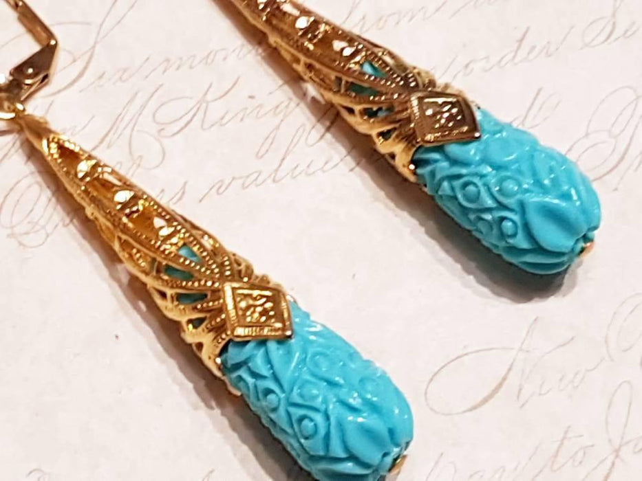 Turquiose glass tear drop earrings Art Nouveau Design gold plated - The Hirst Collection