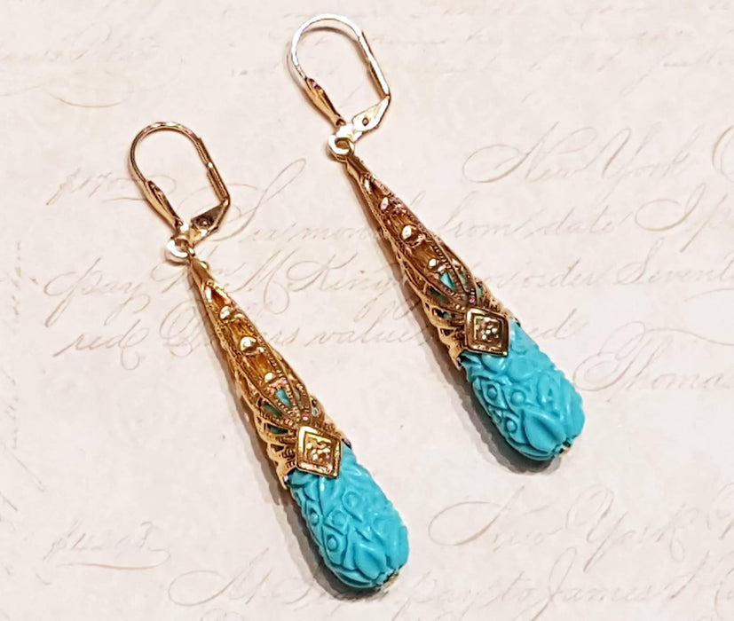 Turquiose glass tear drop earrings Art Nouveau Design gold plated - The Hirst Collection
