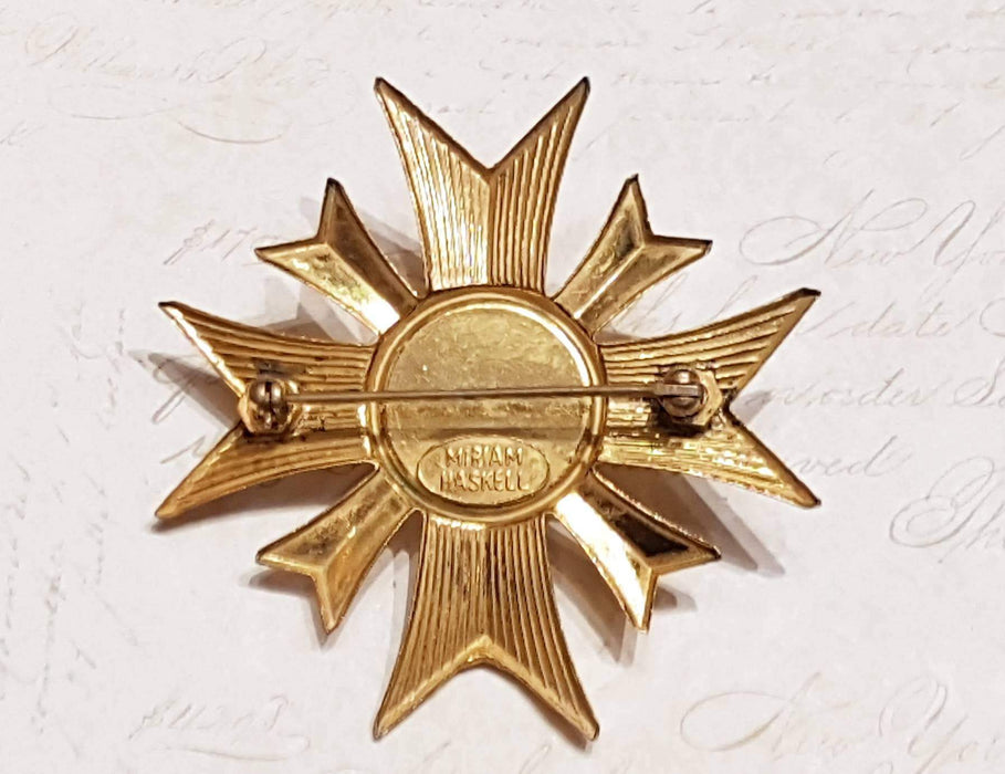 Vintage Miriam Haskell Gold and Pearl Maltese Cross Brooch Signed - The Hirst Collection