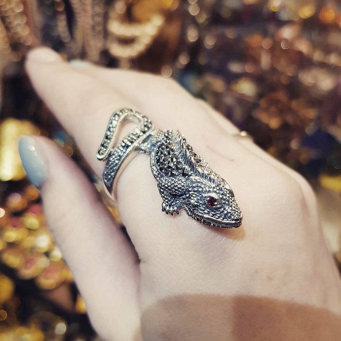 Iguana Lizard Ring Silver Marcasite - The Hirst Collection