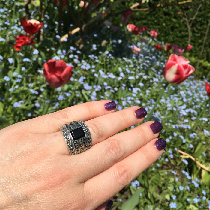 Black Onyx Art Deco sparkly squares Ring - The Hirst Collection