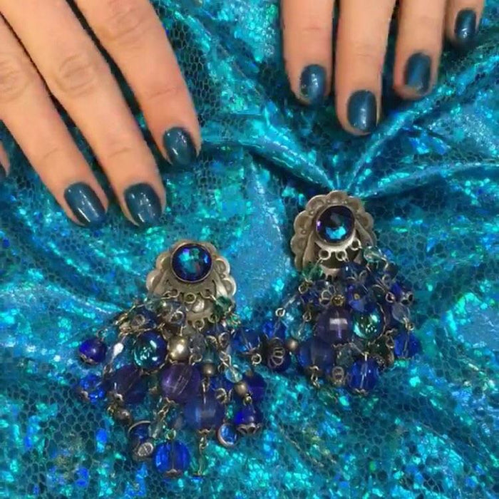 Askew London Chandelier Clip on Earrings Blue Beaded Silver Large - The Hirst Collection