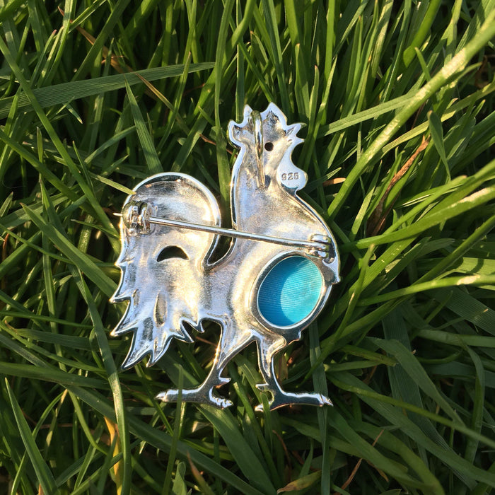 Blue Cockerel Brooch silver Marcasite enamel - The Hirst Collection