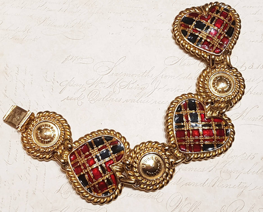 Butler and Wilson Heart Bracelet Gold Enamel Tartan Punk Vintage Signed - The Hirst Collection