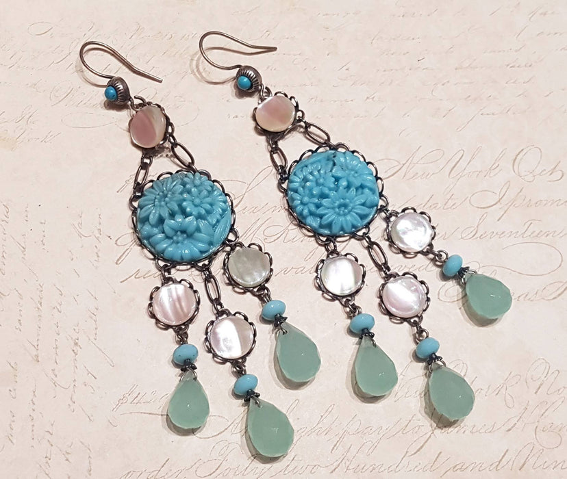Askew London Earrings Chandelier Turqusoise Vintage Glass Mother of Pearl Silver Unsigned - The Hirst Collection