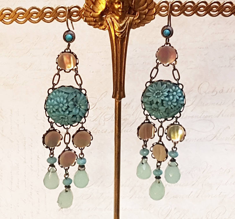 Askew London Earrings Chandelier Turqusoise Vintage Glass Mother of Pearl Silver Unsigned - The Hirst Collection