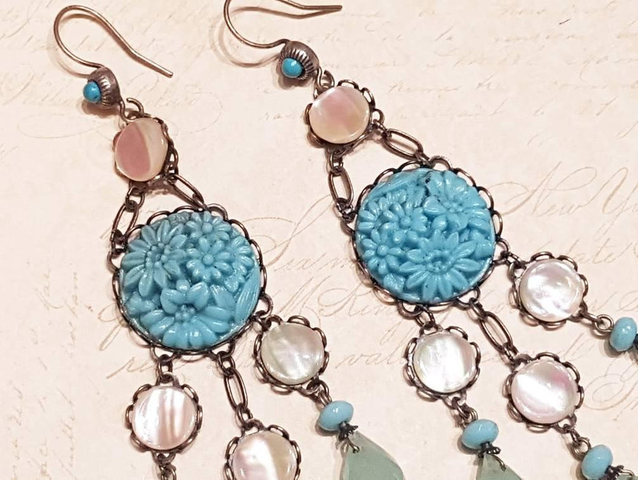 Askew London Earrings Chandelier Turqusoise Vintage Glass Mother of Pearl Silver Unsigned - The Hirst Collection