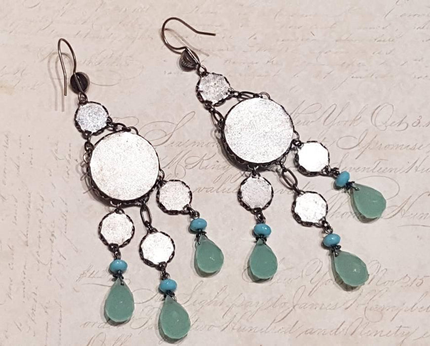Askew London Earrings Chandelier Turqusoise Vintage Glass Mother of Pearl Silver Unsigned - The Hirst Collection