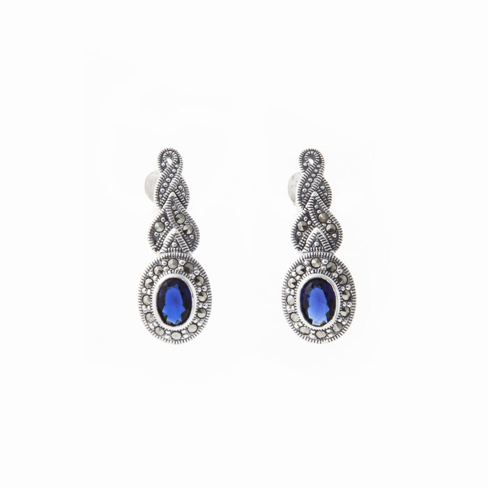 Silver Marcasite Sapphire Earrings Oval Blue Crystal - The Hirst Collection