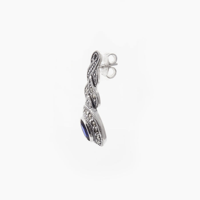 Silver Marcasite Sapphire Earrings Oval Blue Crystal - The Hirst Collection