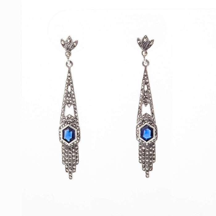 Silver Marcasite Art Deco Style Sapphire Royal Blue Earrings - The Hirst Collection