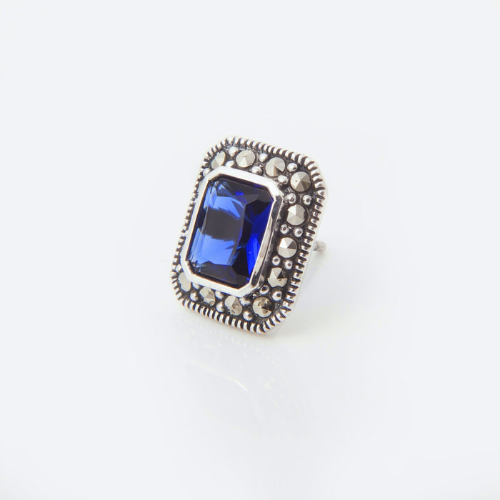 Silver Marcasite Sapphire Earrings Square Blue Crystal Studs - The Hirst Collection
