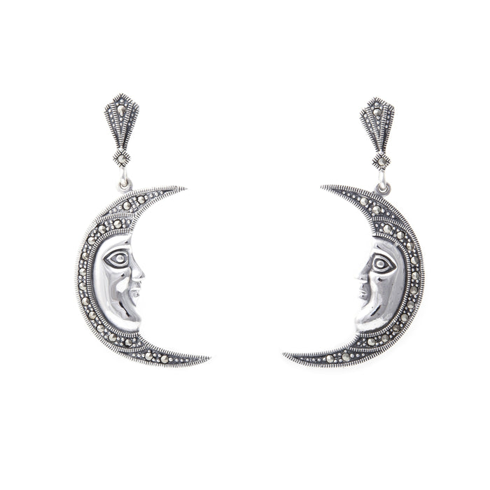 Moon Face Earrings Silver Marcasite Large - The Hirst Collection