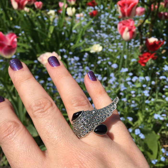 Art Deco Ring Silver Black Marcasite Angel Wing - The Hirst Collection