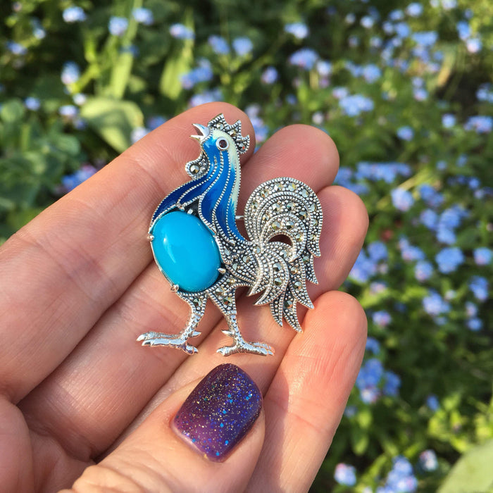 Blue Cockerel Brooch silver Marcasite enamel - The Hirst Collection