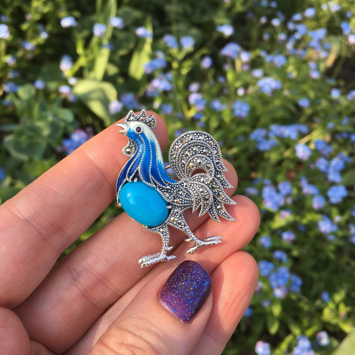 Blue Cockerel Brooch silver Marcasite enamel - The Hirst Collection