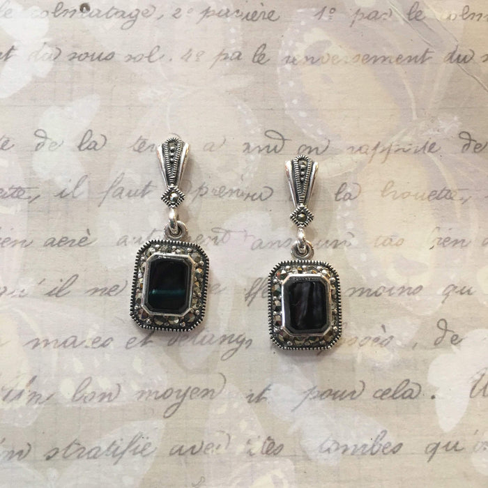 Art Deco Earrings Black Onyx Silver Marcasite - The Hirst Collection