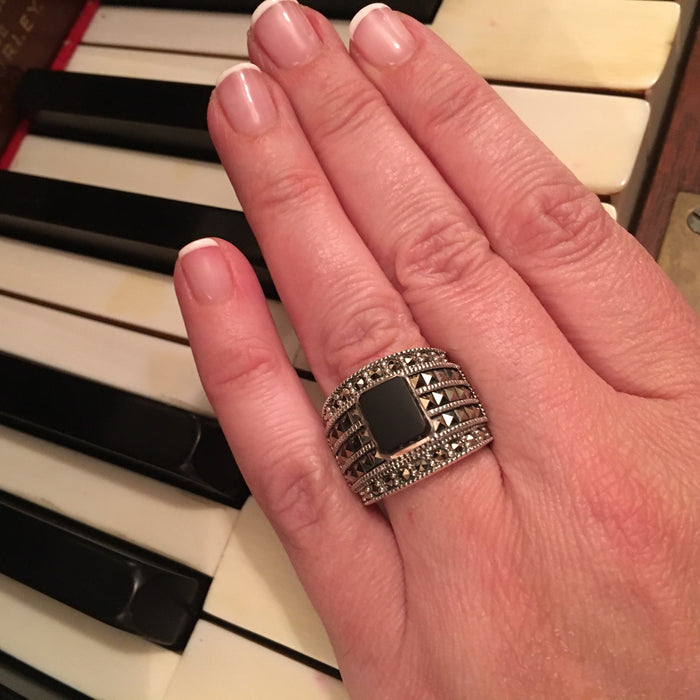 Black Onyx Art Deco sparkly squares Ring - The Hirst Collection