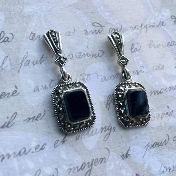 Art Deco Earrings Black Onyx Silver Marcasite - The Hirst Collection