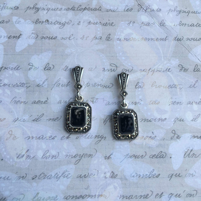 Art Deco Earrings Black Onyx Silver Marcasite - The Hirst Collection