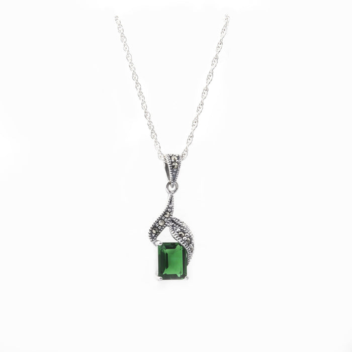Art Deco Pendant Necklace Emerald Green Crystal Silver Vintage Wedding Bridal Bridesmaid - The Hirst Collection