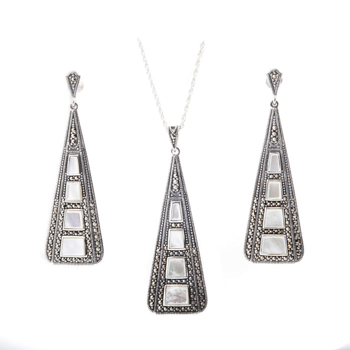 Art Deco Earrings Silver Marcasite Mother of Pearl - The Hirst Collection