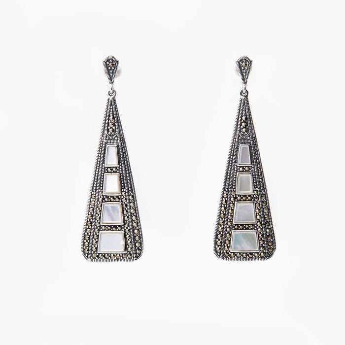 Art Deco Earrings Silver Marcasite Mother of Pearl - The Hirst Collection